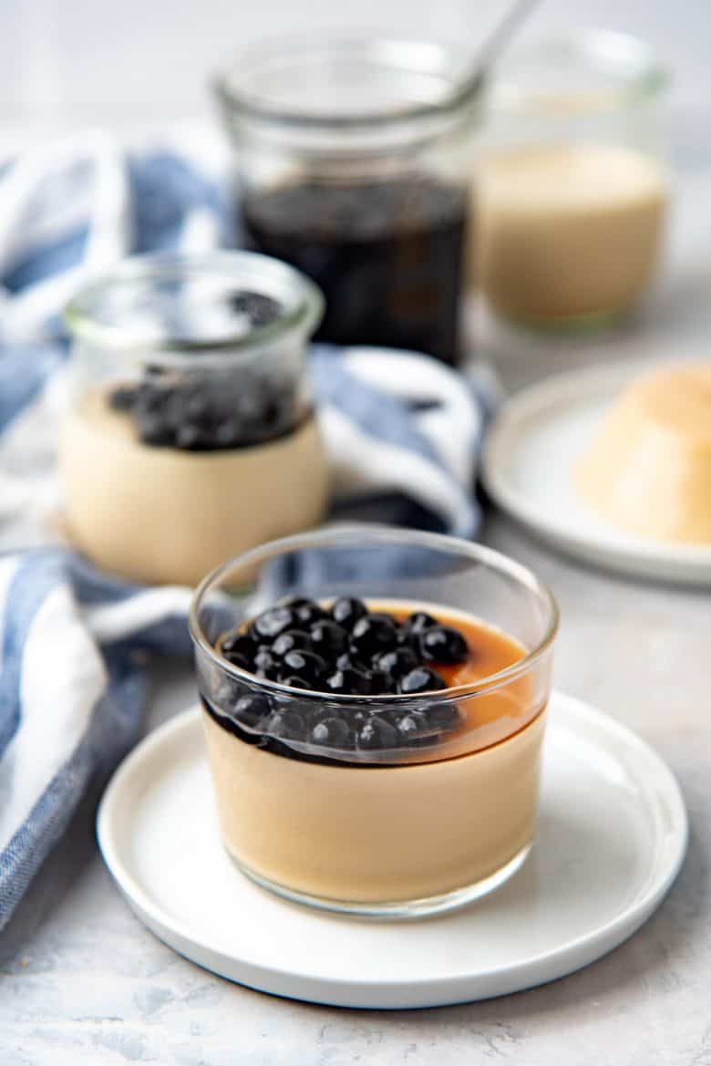 Bubble milk tea panna cotta served in a serving glass