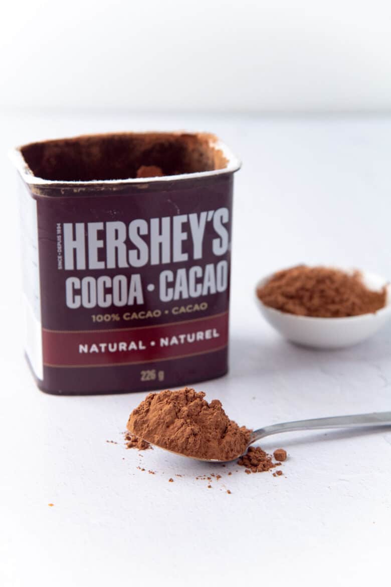 A close up of a spoonful of cocoa powder.