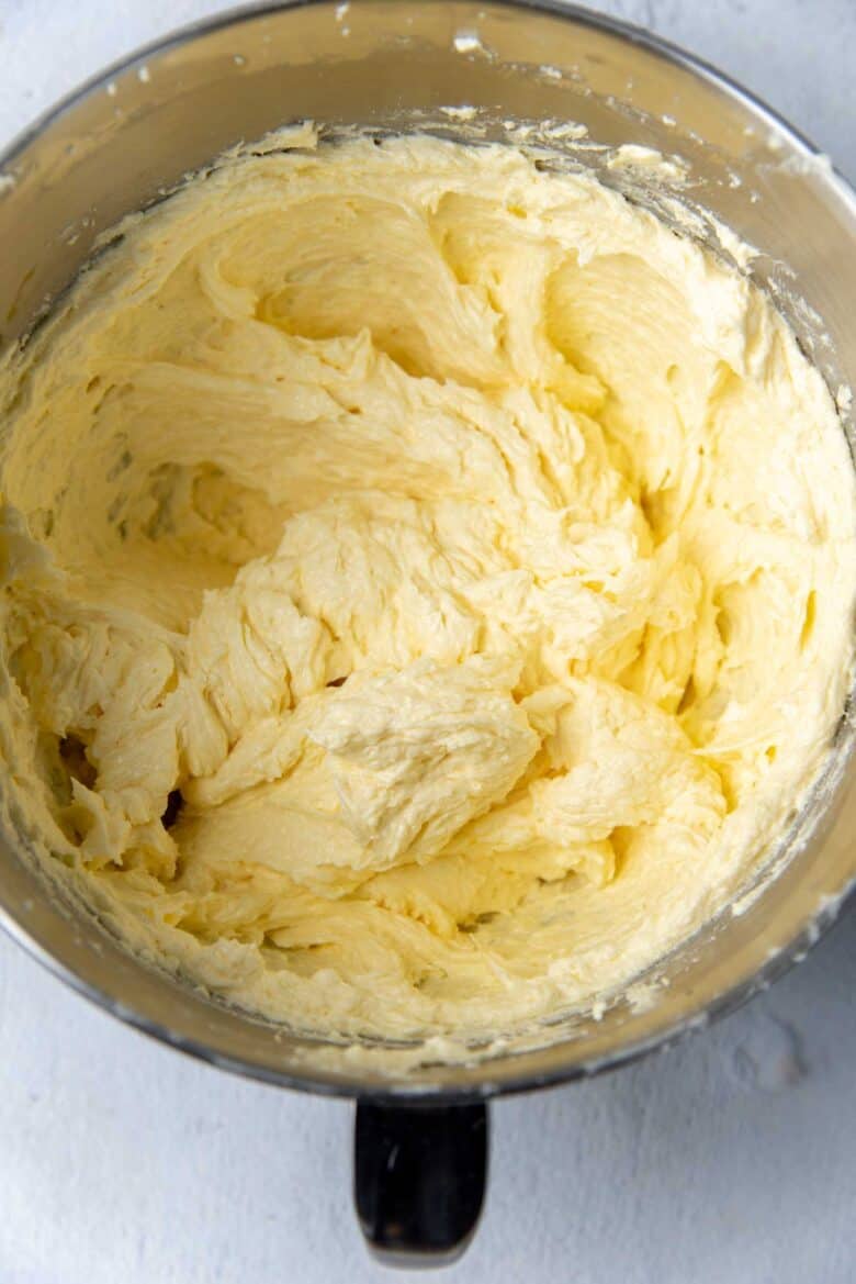 Cake batter with the eggs added in the mixing bowl