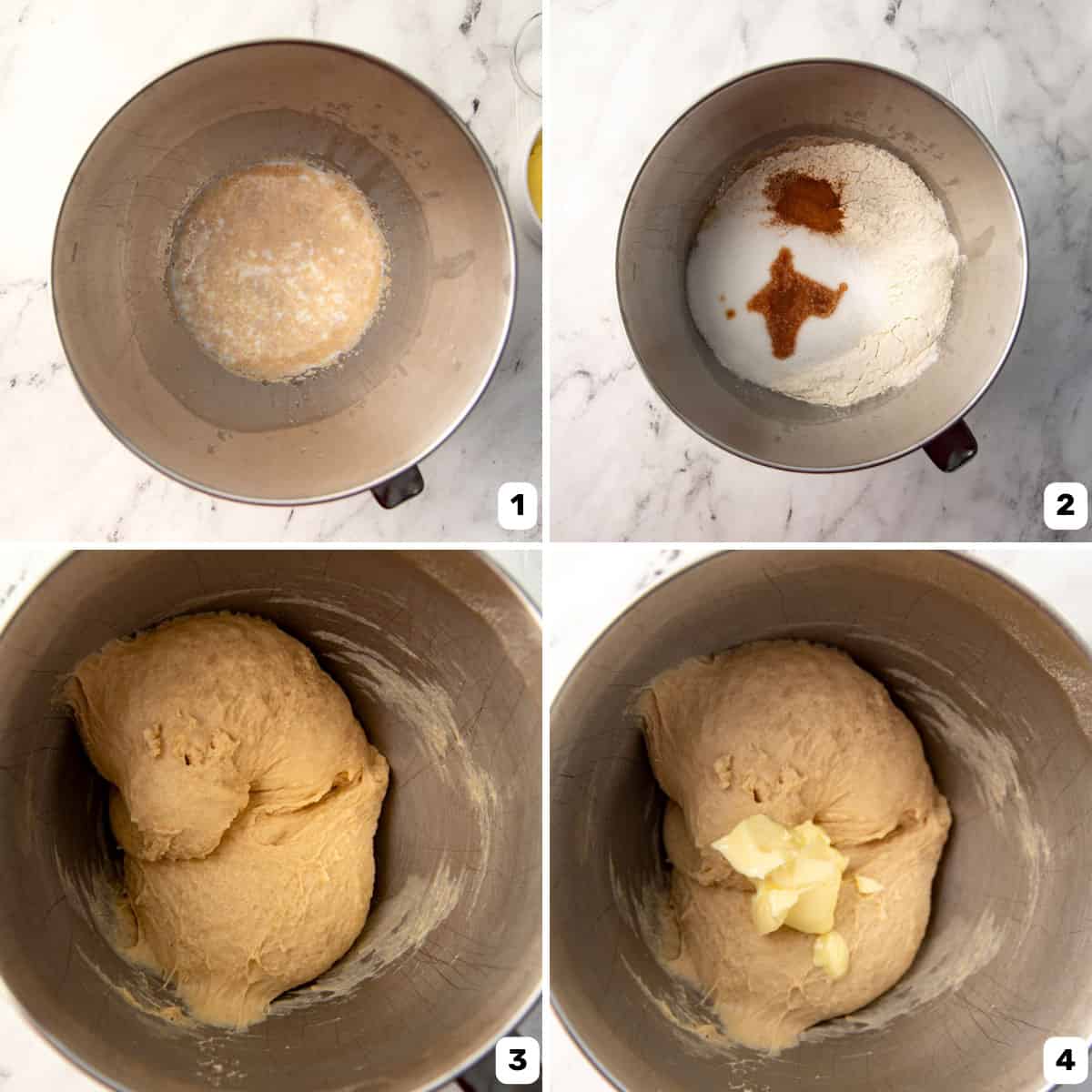 Activating the yeast in a mixer bowl and then adding the rest of the ingredients, including butter.