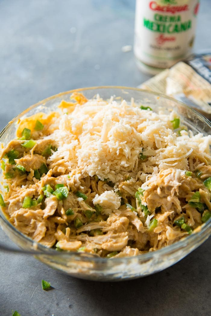 Creamy Chicken filling with manchego cheese being mixed in