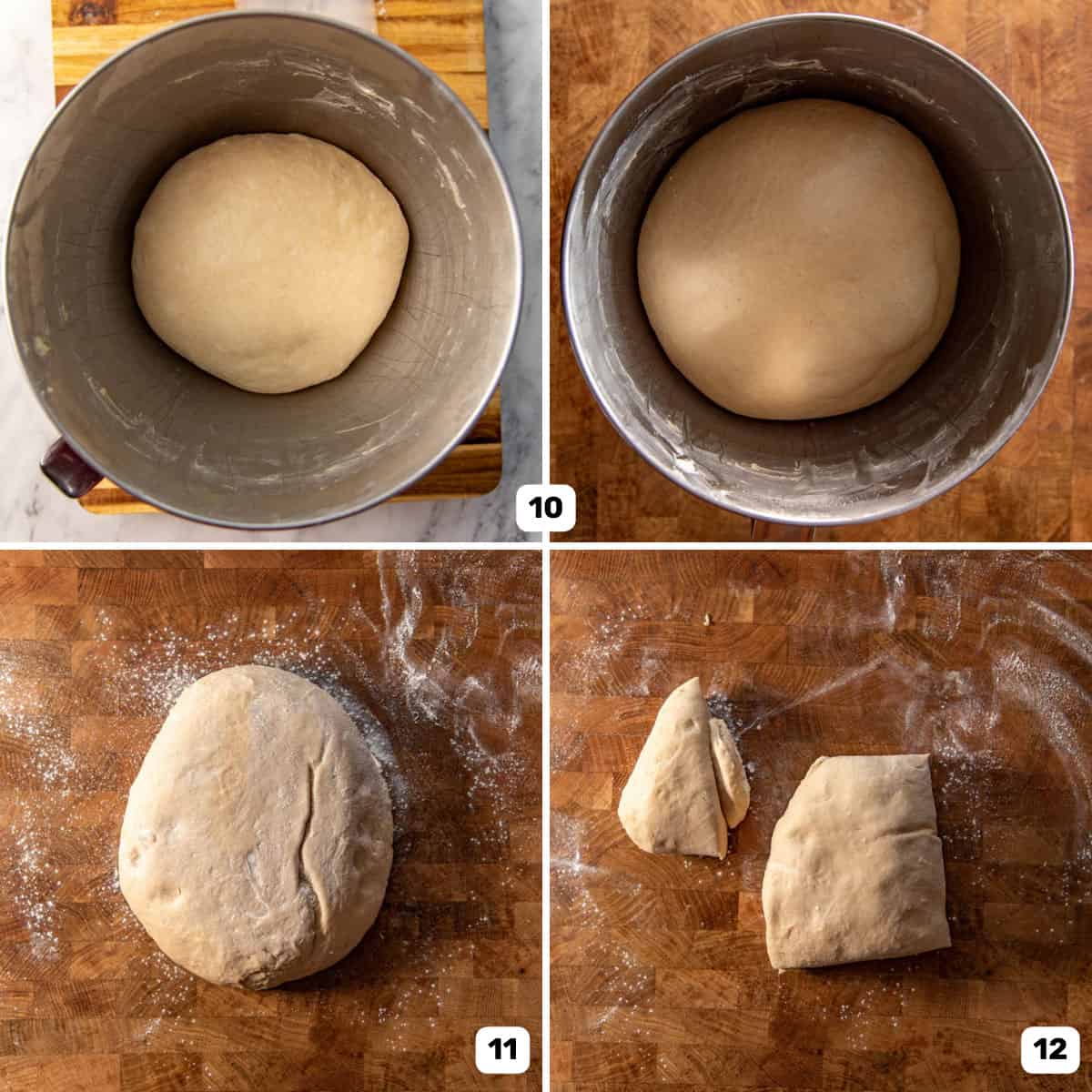 Proofed dough in a bowl and then cutting it into portions on a lightly floured work surface.