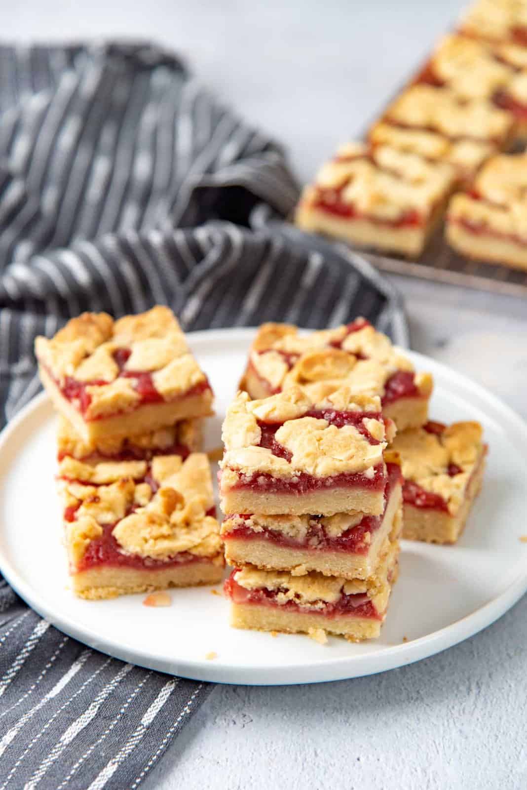 45 degree angle photo of the same rhubarb dessert bars.