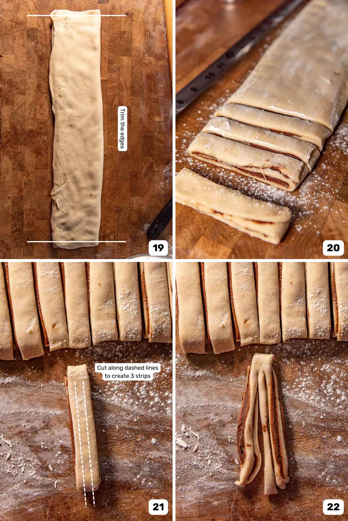 Cutting strips of filled bread dough to make small braided buns on a lightly floured wood surface.