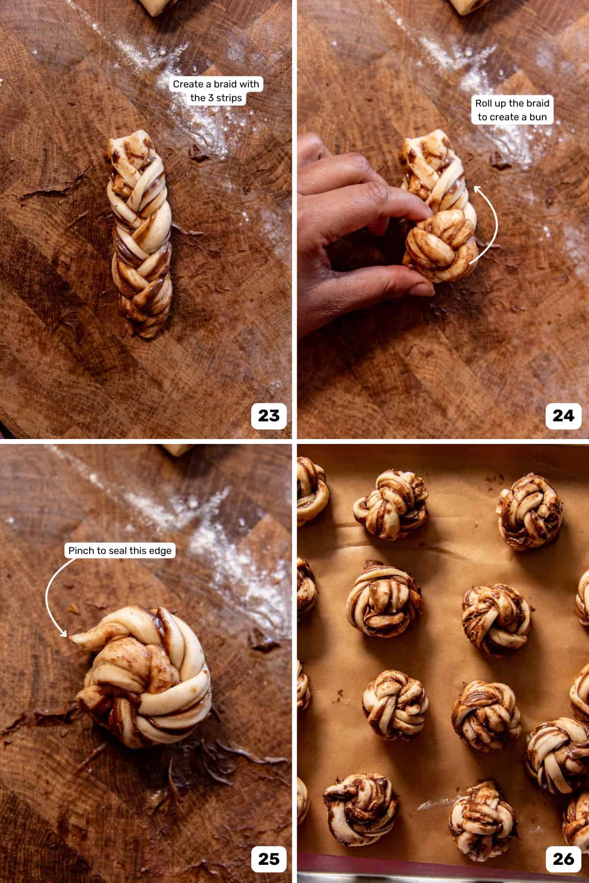Braiding the dough strips and rolling it up to make small braided buns for bunny buns.
