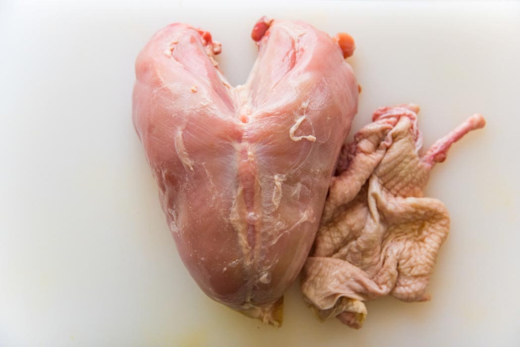 First step is to take off the skin of the turkey breast.