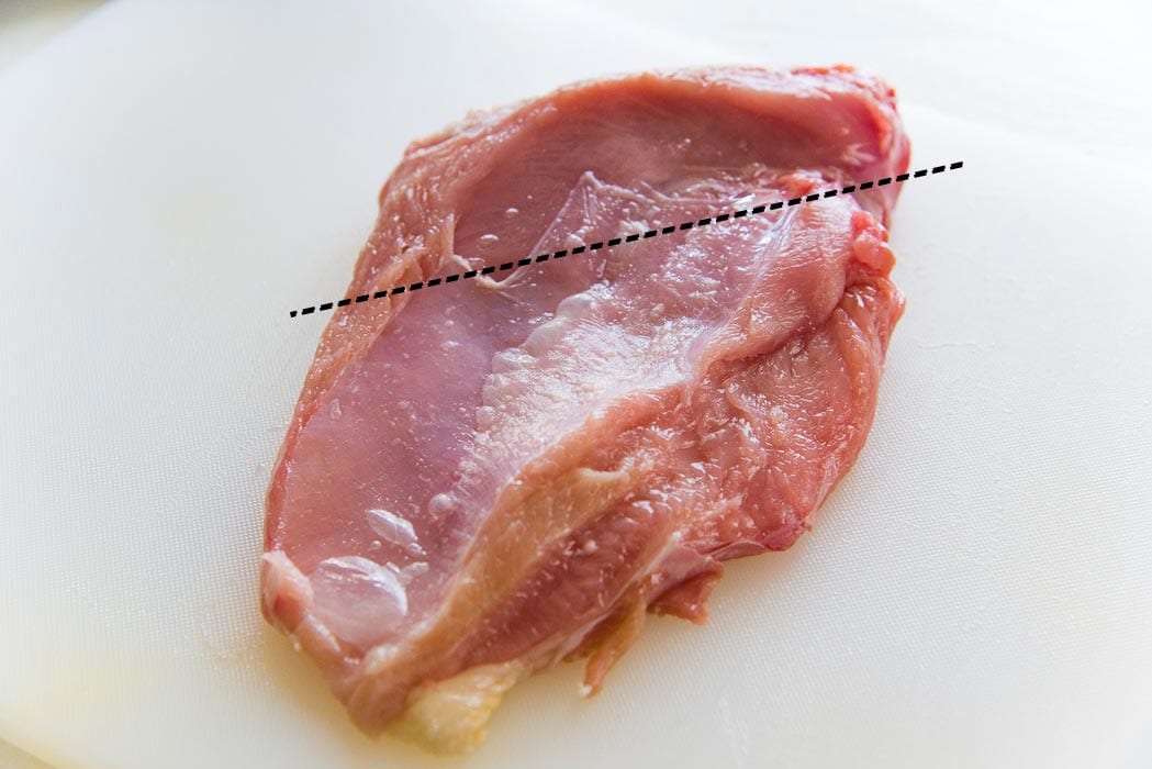The filleted breast meat without the tenderloin. Ready for the fourth step.