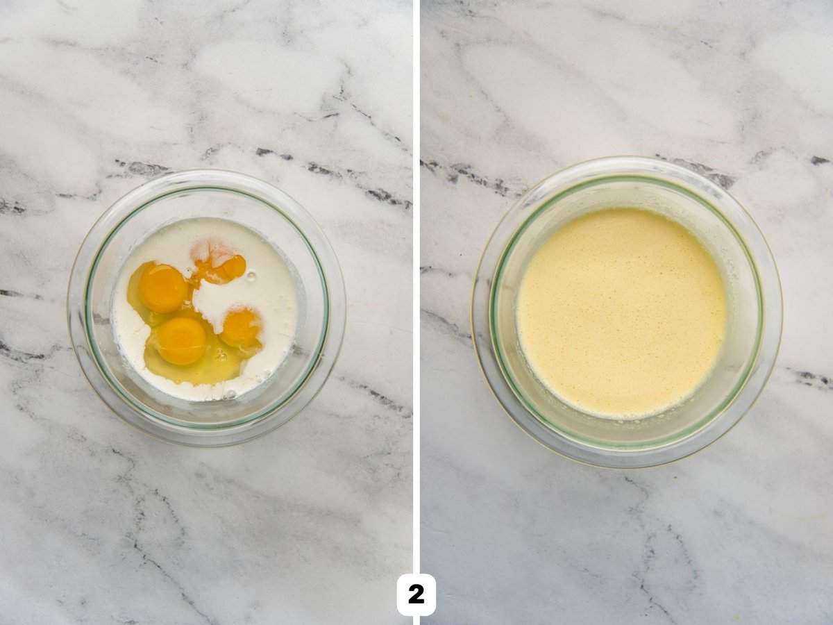Collage of adding eggs and how to whisk eggs for fluffy scrambled eggs.